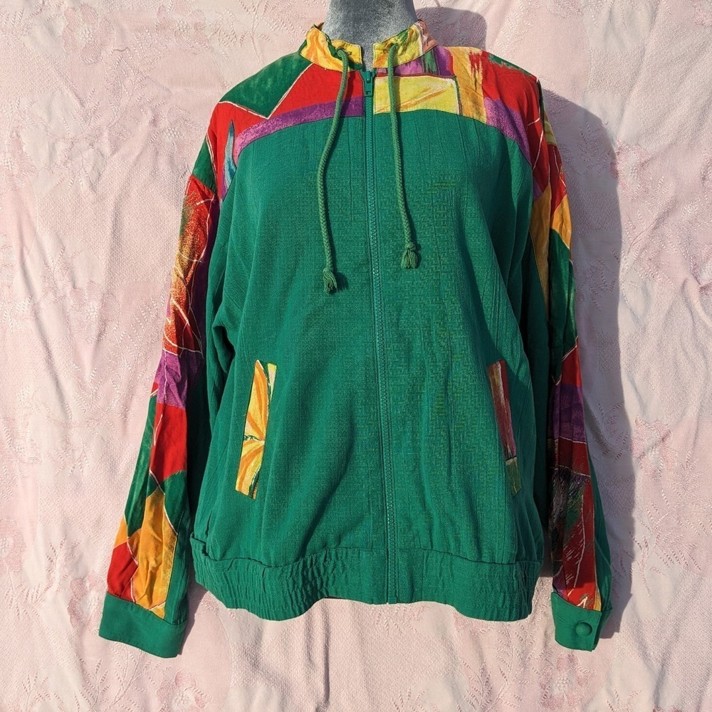 Vintage 80s Color Block Windbreaker Oversized XL Kelly Green Track‎ Jacket Zip